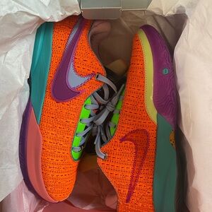 LeBron XX Nike court shoes, total orange and vivid purple